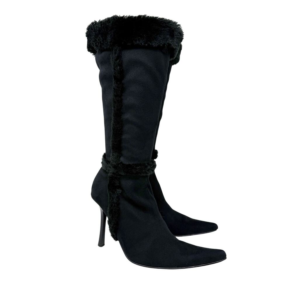 Vintage Y2K Bakers Black Faux Suede and Fur Pointy Toe Boots Women's Sz 7.5 EUC
